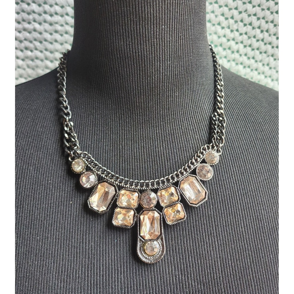 Statement Necklace Smoky Crystals Antiqued Silvertone Bib Collar